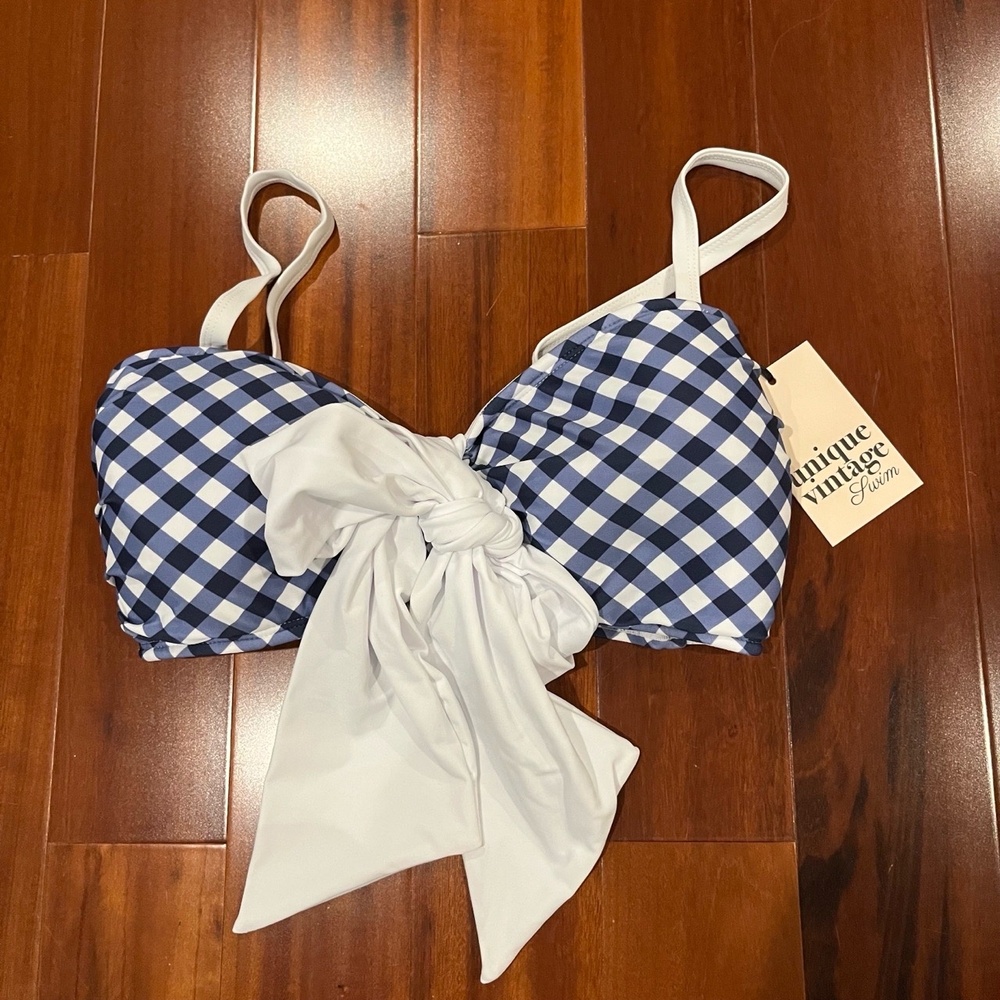 New NWT Unique Vintage Bikini‎ Top Navy Blue White Gingham Plaid Bow Swim Large
